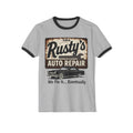 Rusty's Auto Repair Vintage Ringer Tee Heather Grey Black T-Shirt