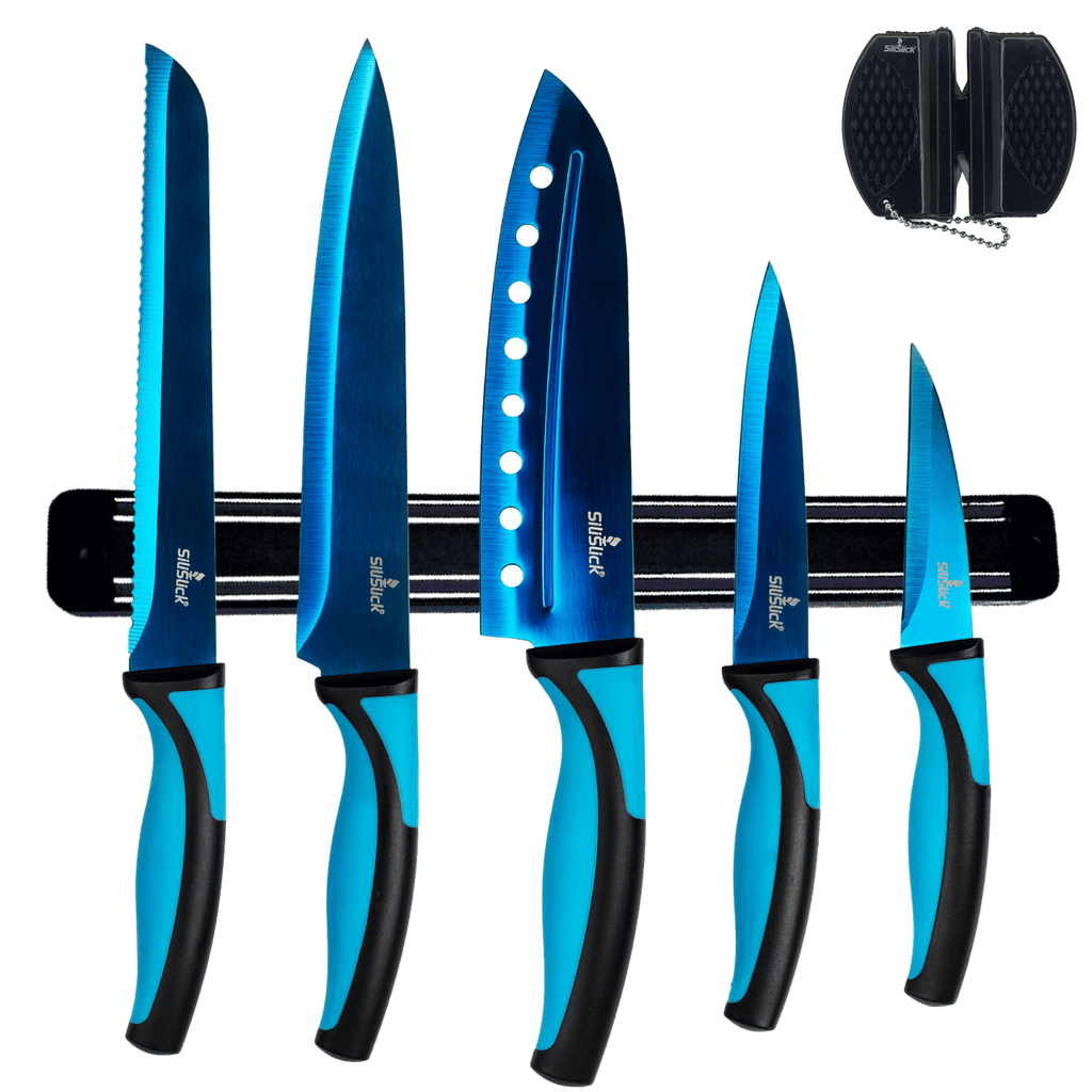 Kitchen Knife Set Kit & Black Magnetic Rack & sharpener Kitchen knives