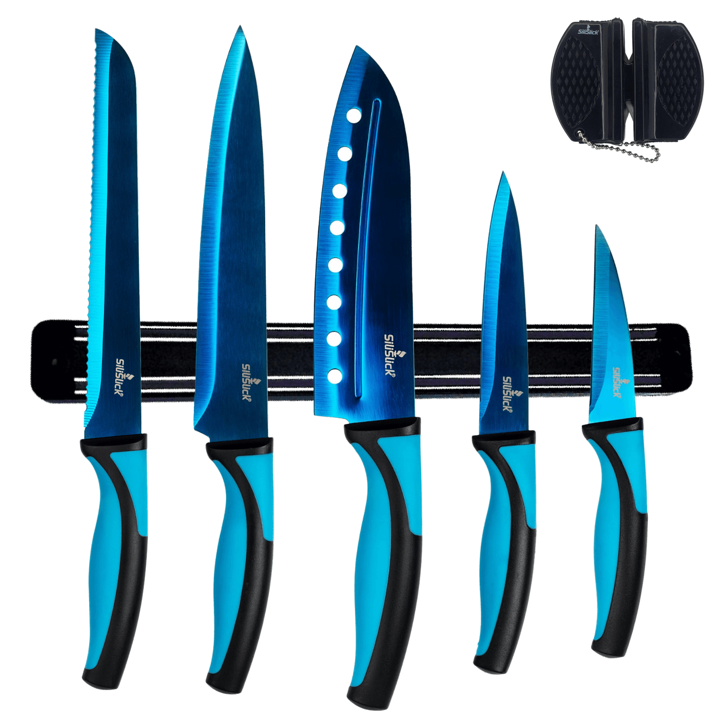 Kitchen Knife Set Kit & Black Magnetic Rack & sharpener Kitchen knives