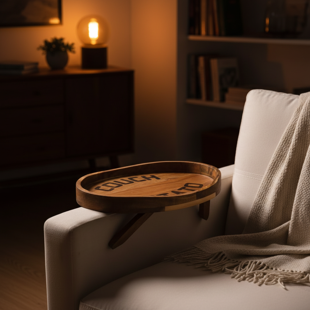 Couch Potato Tray-Smart Clip-On Sofa Tray Made of Acacia Wood Sofa Tray